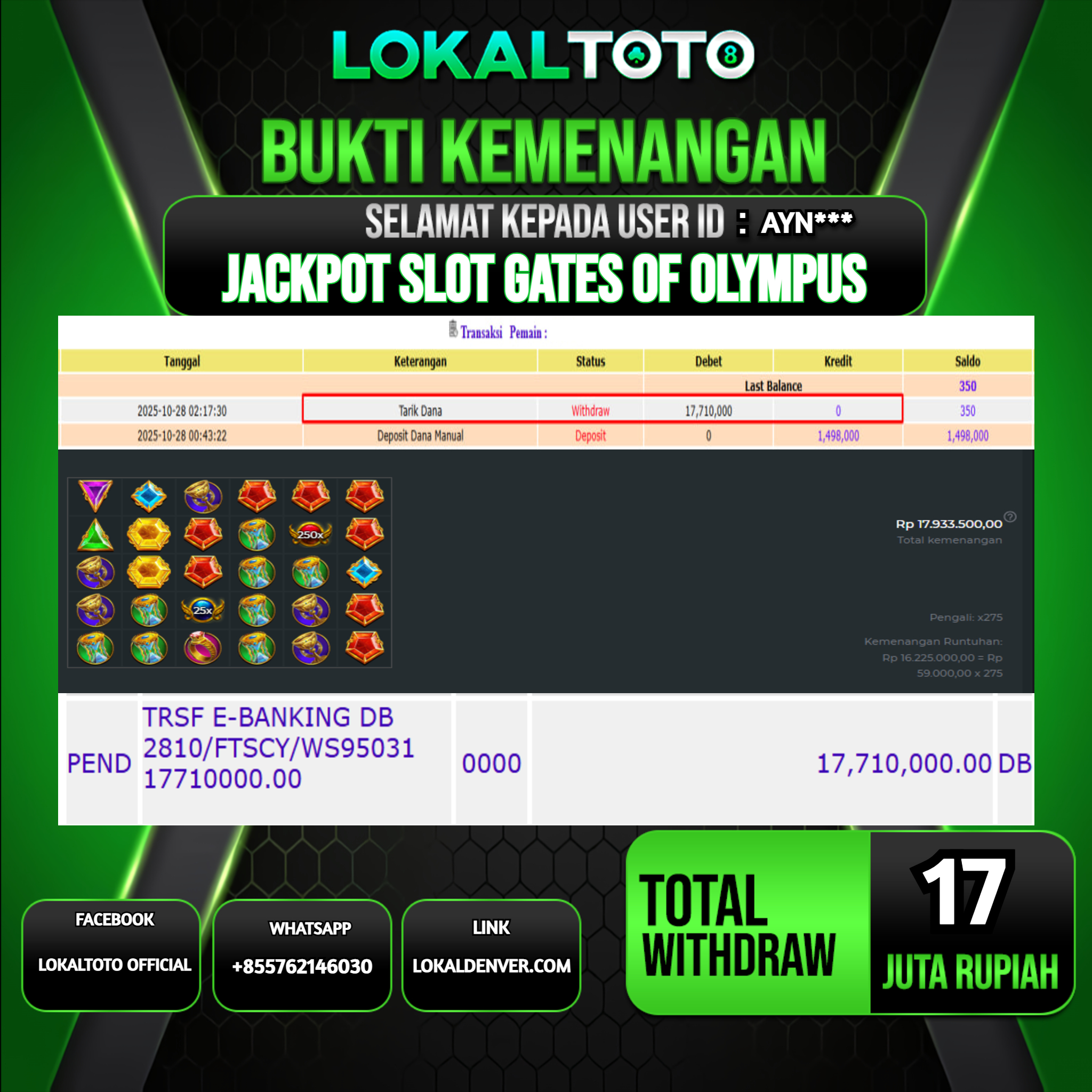 LOKALTOTO JACKPOT SLOT GATES OF OLYMPUS RP.17.000.000.,- LUNAS USER ID  : AYN***