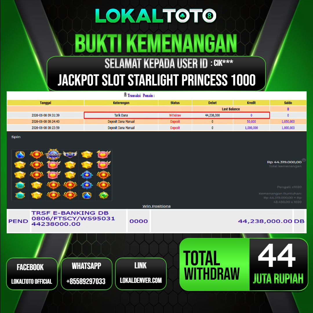 LOKALTOTO  JACKPOT SLOT STARLIGHT PRINCESS 1000 RP.44.000.000.,- LUNAS USER ID  : CIK***