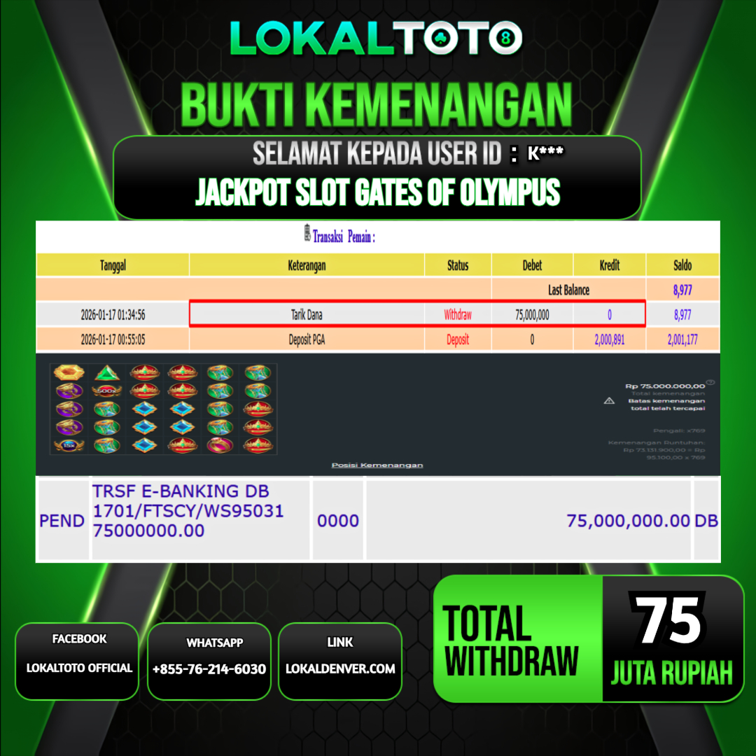 LOKALTOTO JACKPOT SLOT GATES OF OLYMPUS RP.75.000.000.,- LUNAS USER ID  : K***