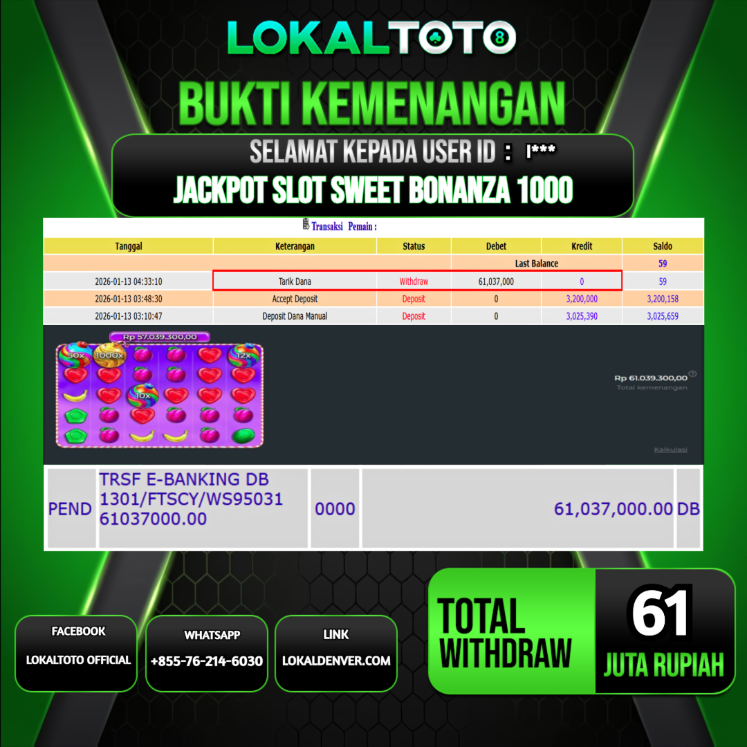 LOKALTOTO JACKPOT SLOT SWEET BONANZA 1000 RP.61.000.000.,- LUNAS USER ID  : I***