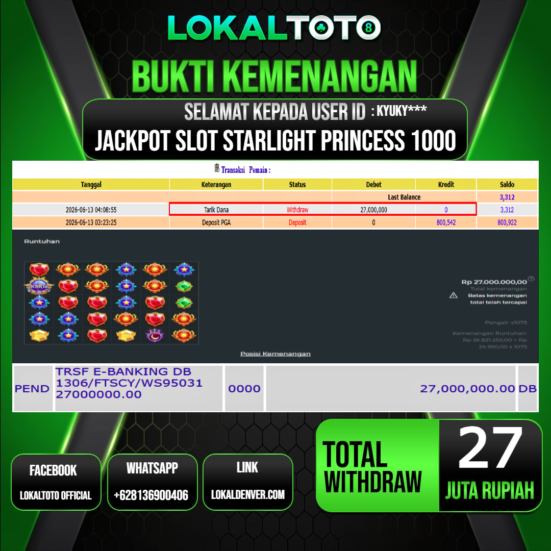 LOKALTOTO  JACKPOT SLOT STARLIGHT PRINCESS 1000 RP.27.000.000.,- LUNAS USER ID  :  KYUKY***