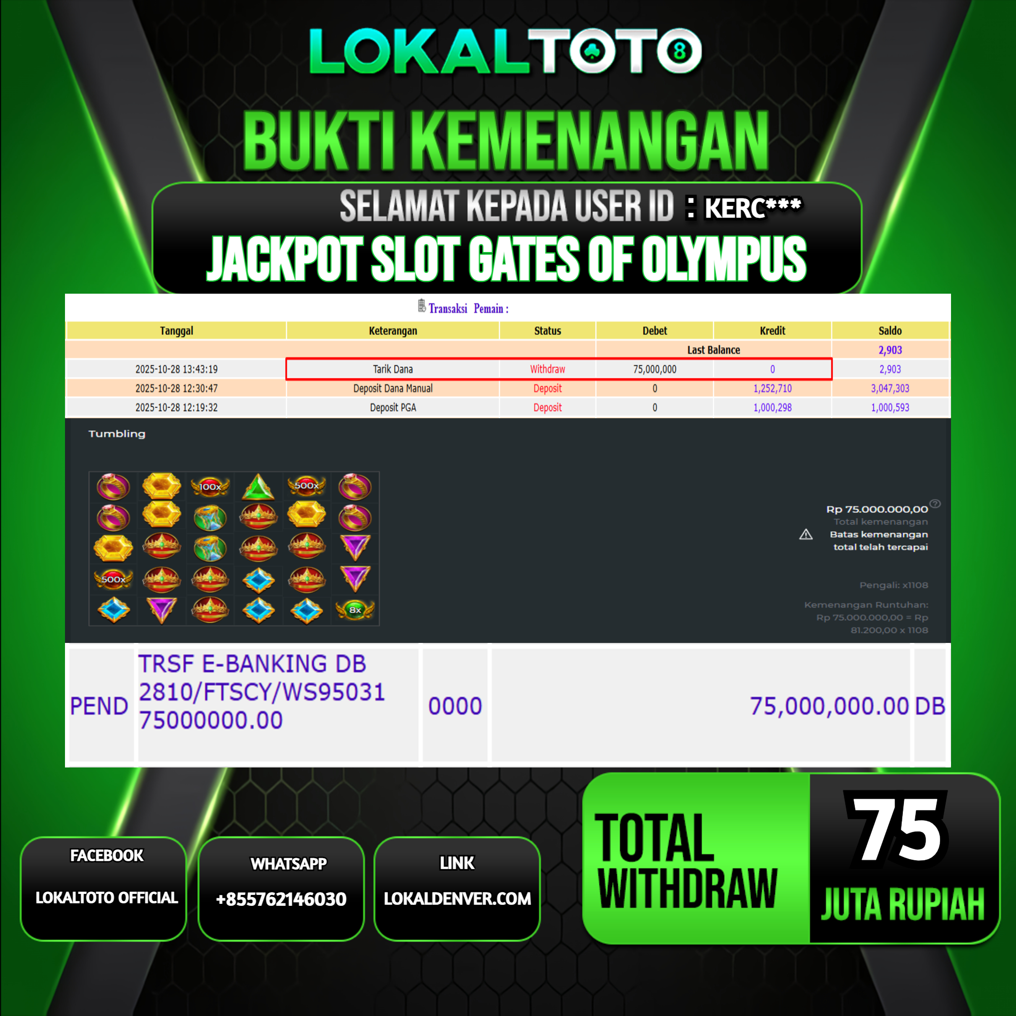 LOKALTOTO JACKPOT SLOT GATES OF OLYMPUS RP.75.000.000.,- LUNAS USER ID  : KERC***