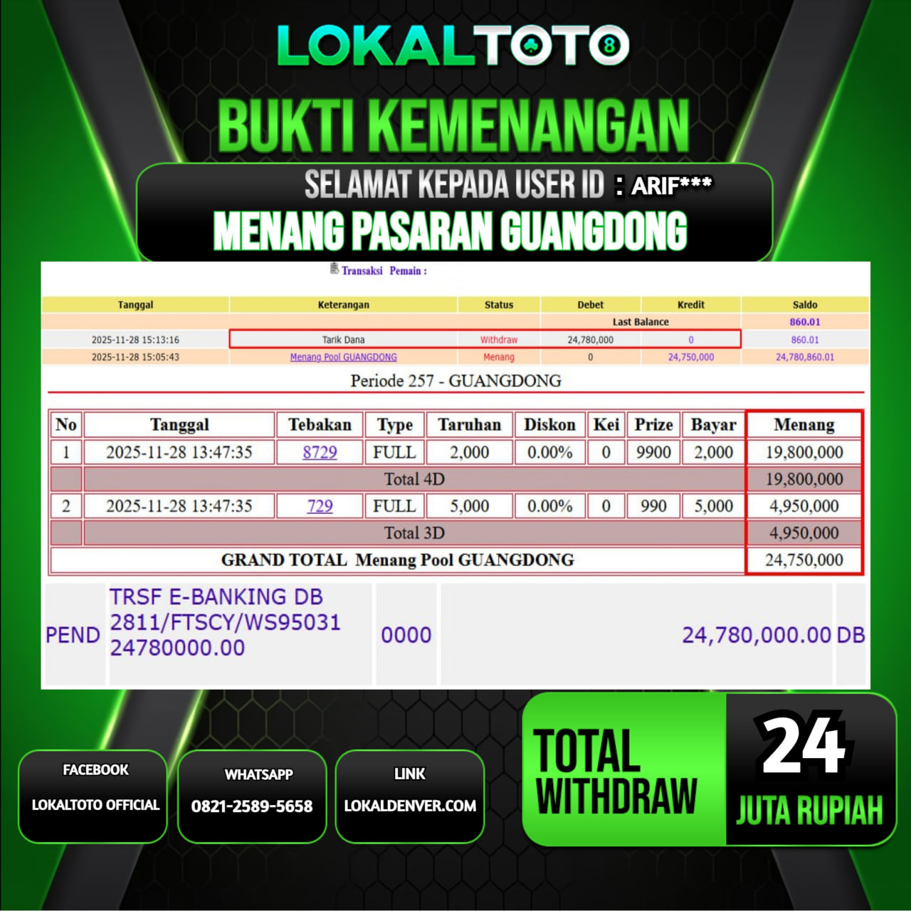 LOKALTOTO JACKPOT PASARAN GUANGDONG RP.24.000.000.,- LUNAS USER ID  :  ARIF***