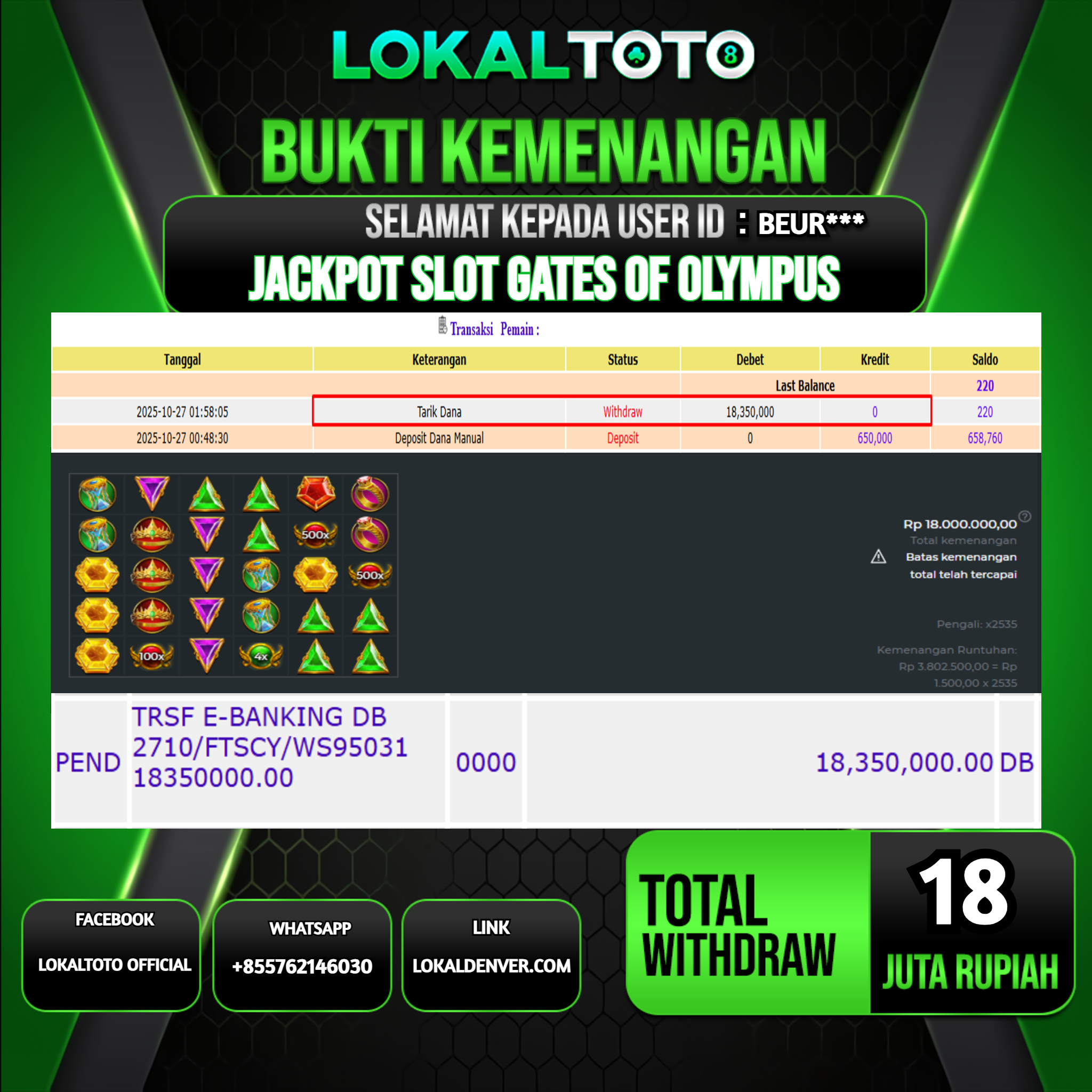 LOKALTOTO JACKPOT SLOT GATES OF OLYMPUS RP.18.000.000.,- LUNAS USER ID  : BEUR***