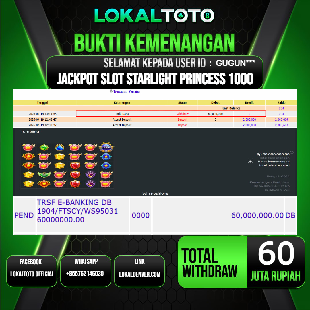 LOKALTOTO JACKPOT SLOT STARLIGHT PRINCESS 1000 RP.60.000.000.,- LUNAS USER ID  : GUGUN***