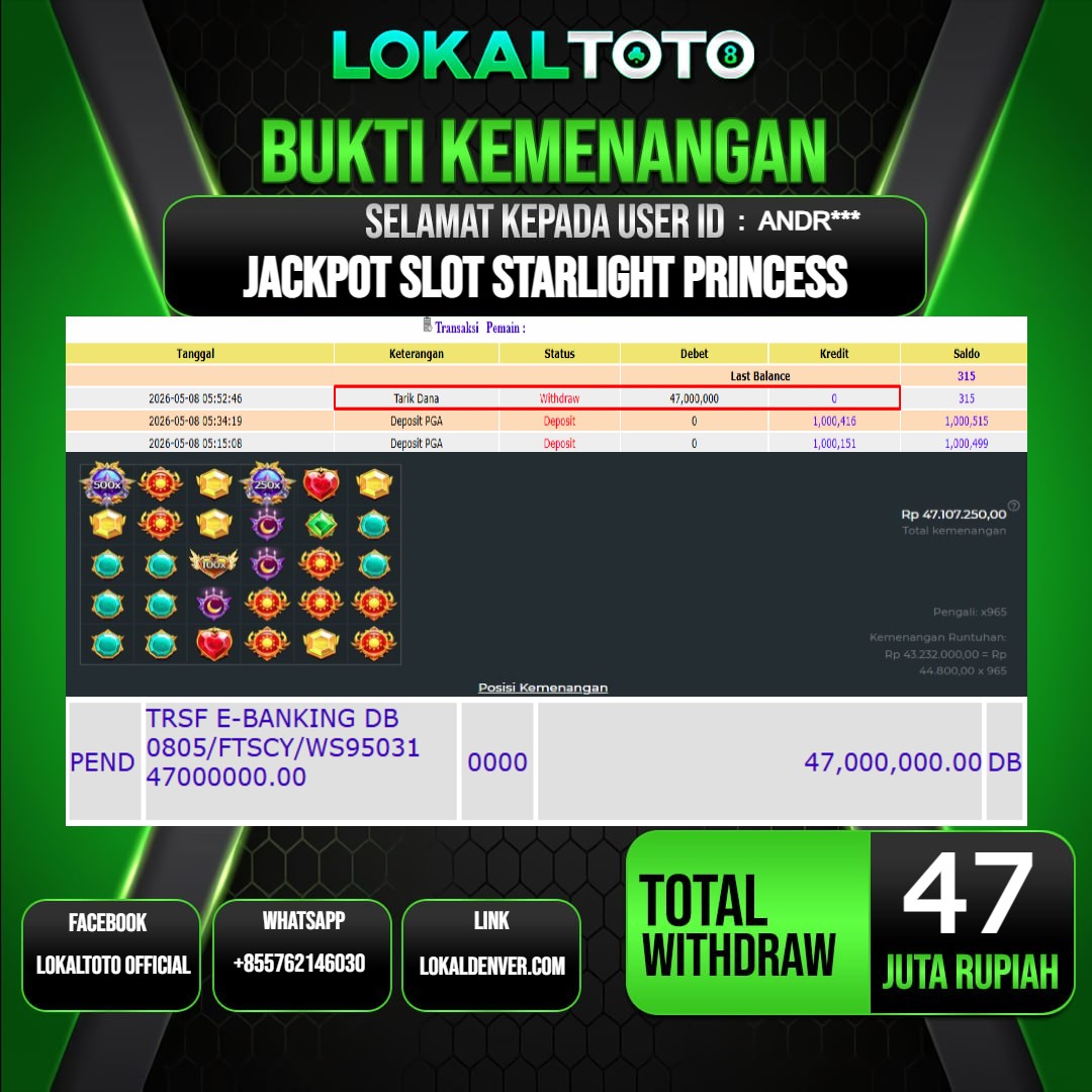 LOKALTOTO JACKPOT SLOT STARLIGHT PRINCESS RP.47.000.000.,- LUNAS USER ID  : ANDR***