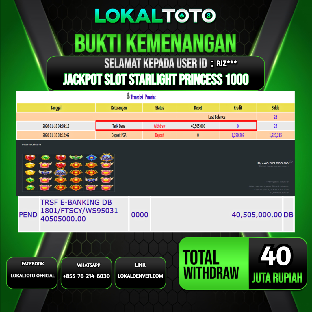 LOKALTOTO JACKPOT SLOT STARLIGHT PRINCESS 1000 RP.40.000.000.,- LUNAS USER ID  : RIZ***