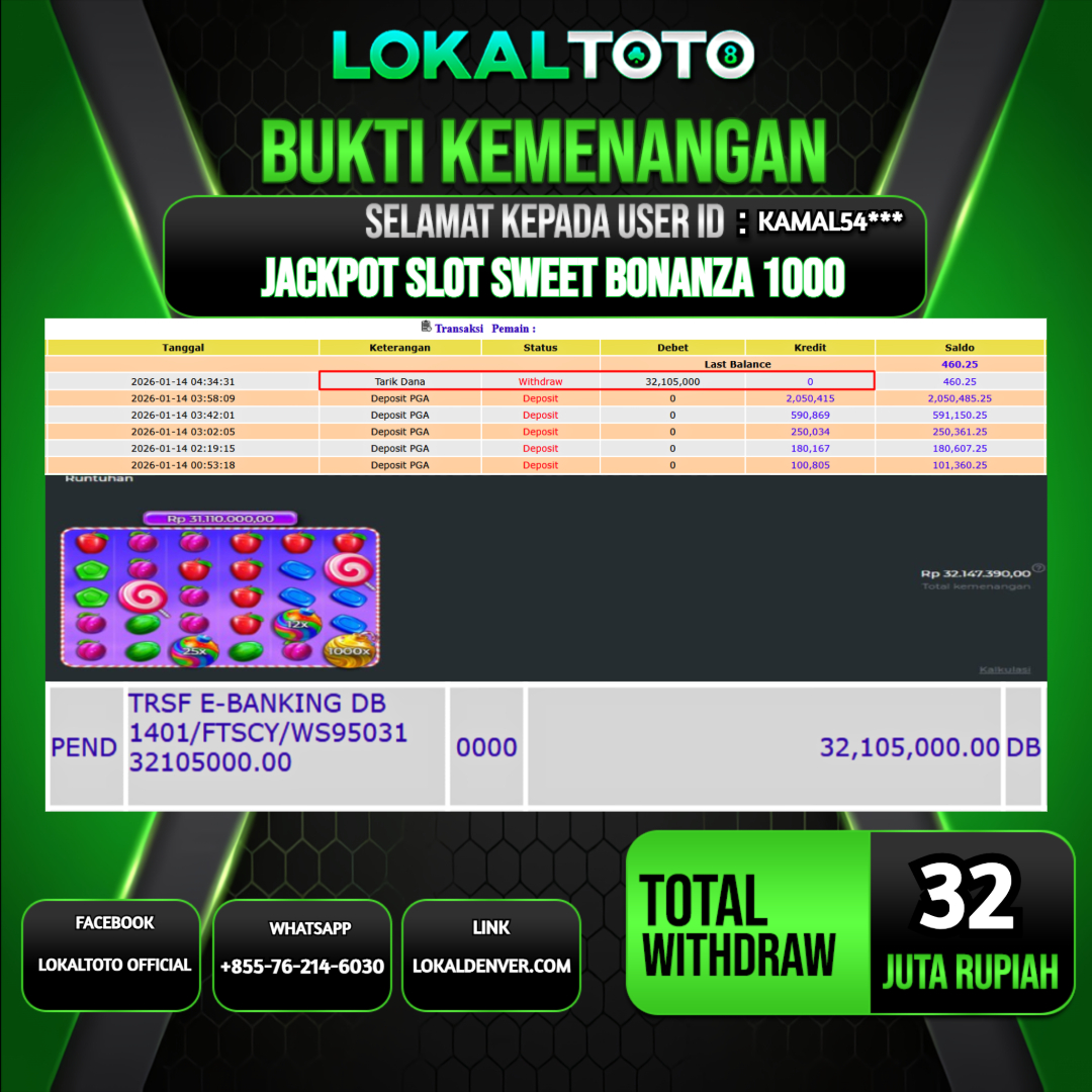 LOKALTOTO JACKPOT SLOT SWEET BONANZA 1000 RP.32.000.000.,- LUNAS USER ID  : KAMAL54***