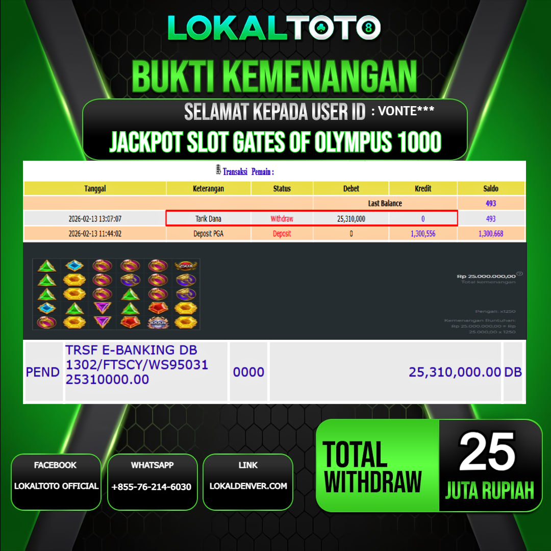 LOKALTOTO JACKPOT SLOT GATES OF OLYMPUS 1000 RP.25.000.000.,- LUNAS USER ID  : VONTE***