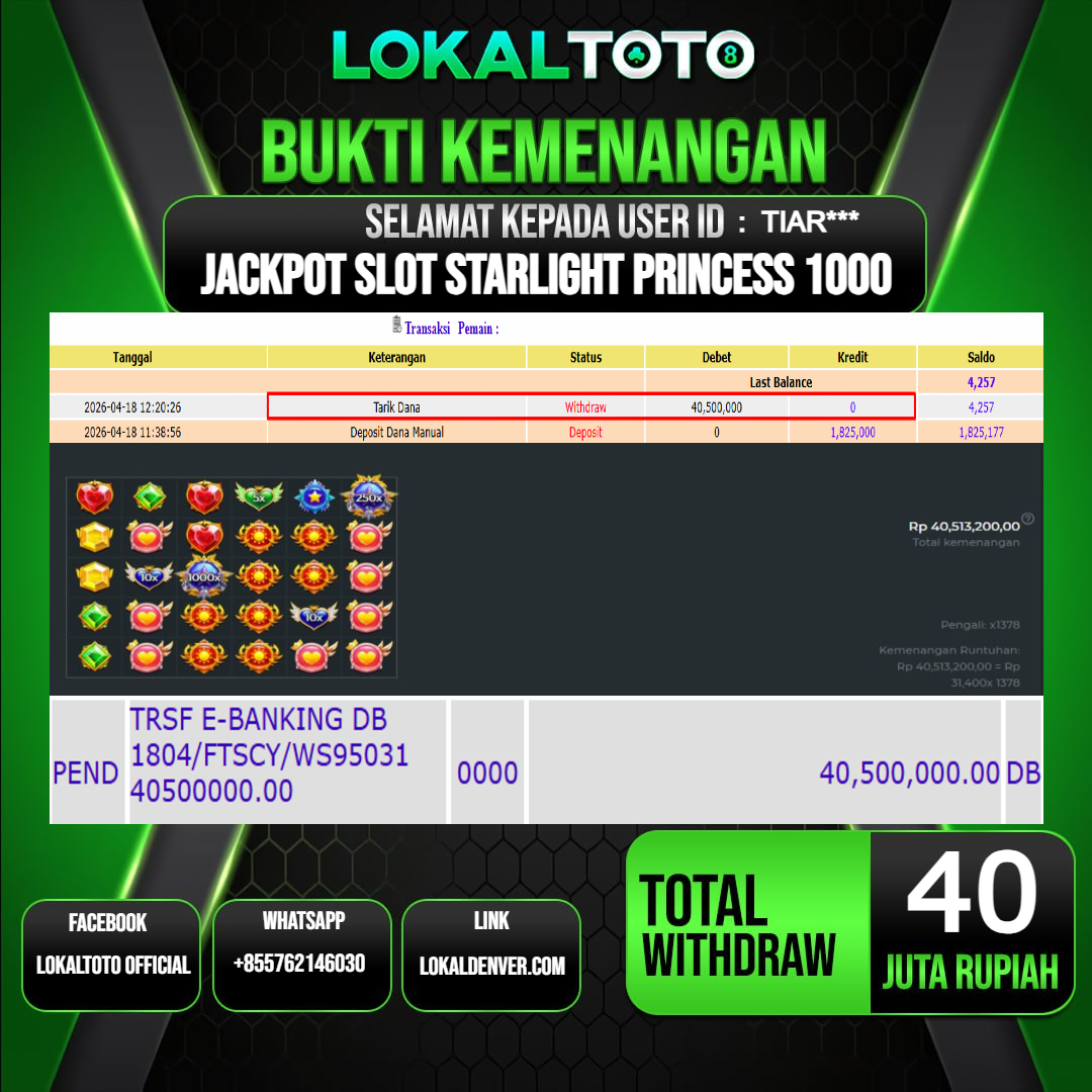 LOKALTOTO JACKPOT SLOT STARLIGHT PRINCESS 1000 RP.40.000.000.,- LUNAS USER ID  : TIAR***