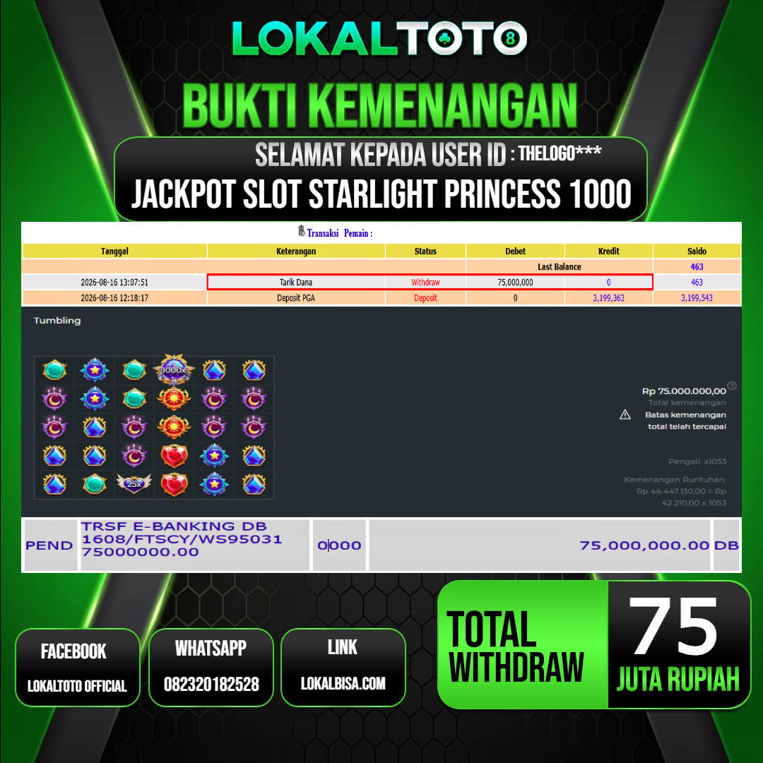 LOKALTOTO JACKPOT SLOT STARLIGHT PRINCESS 1000 RP.75.000.000.,- LUNAS USER ID : THELOGO***