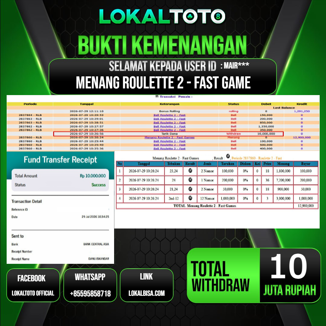 LOKALTOTO JACKPOT ROULETTE 2 - FAST GAME RP.10.000.000.,- LUNAS USER ID : MAIR***