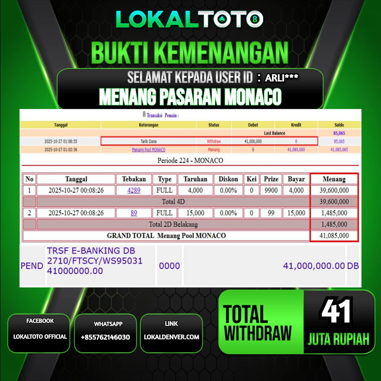 LOKALTOTO JACKPOT PASARAN MONACO RP.41.000.000.,- LUNAS USER ID  : ARLI***