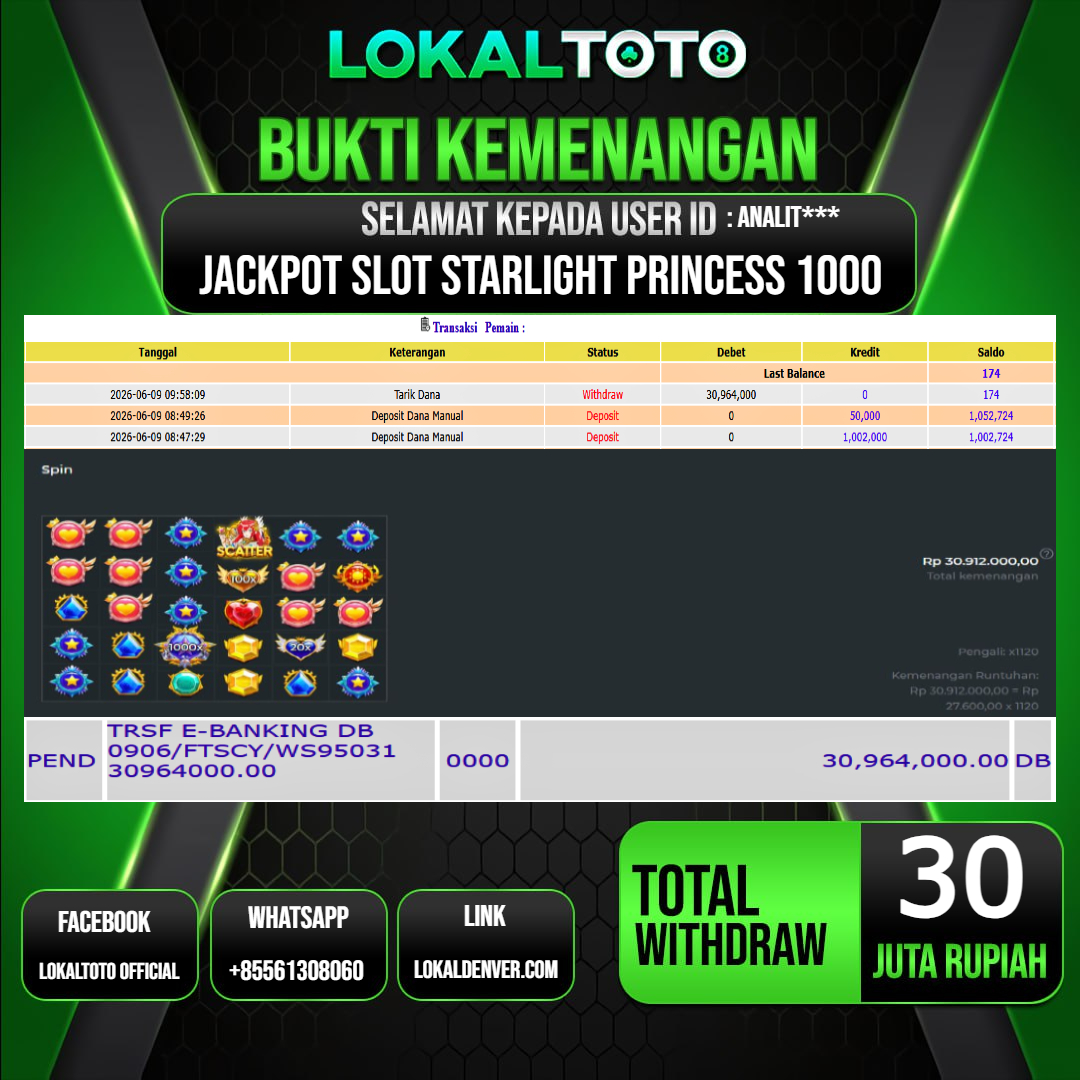 LOKALTOTO  JACKPOT SLOT STARLIGHT PRINCESS 1000 RP.30.000.000.,- LUNAS USER ID  : ANALIT***