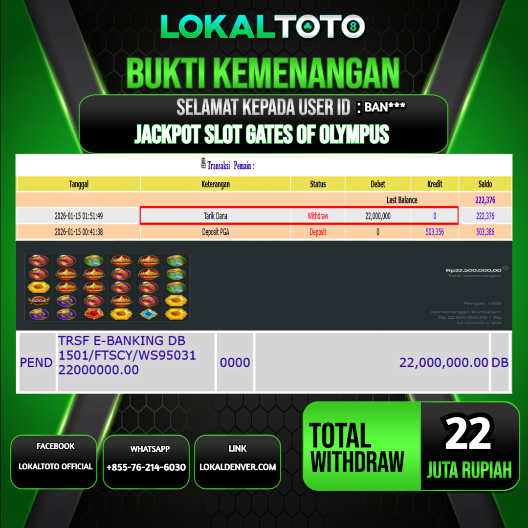 LOKALTOTO JACKPOT SLOT GATES OF OLYMPUS RP.22.000.000.,- LUNAS USER ID  : BAN***