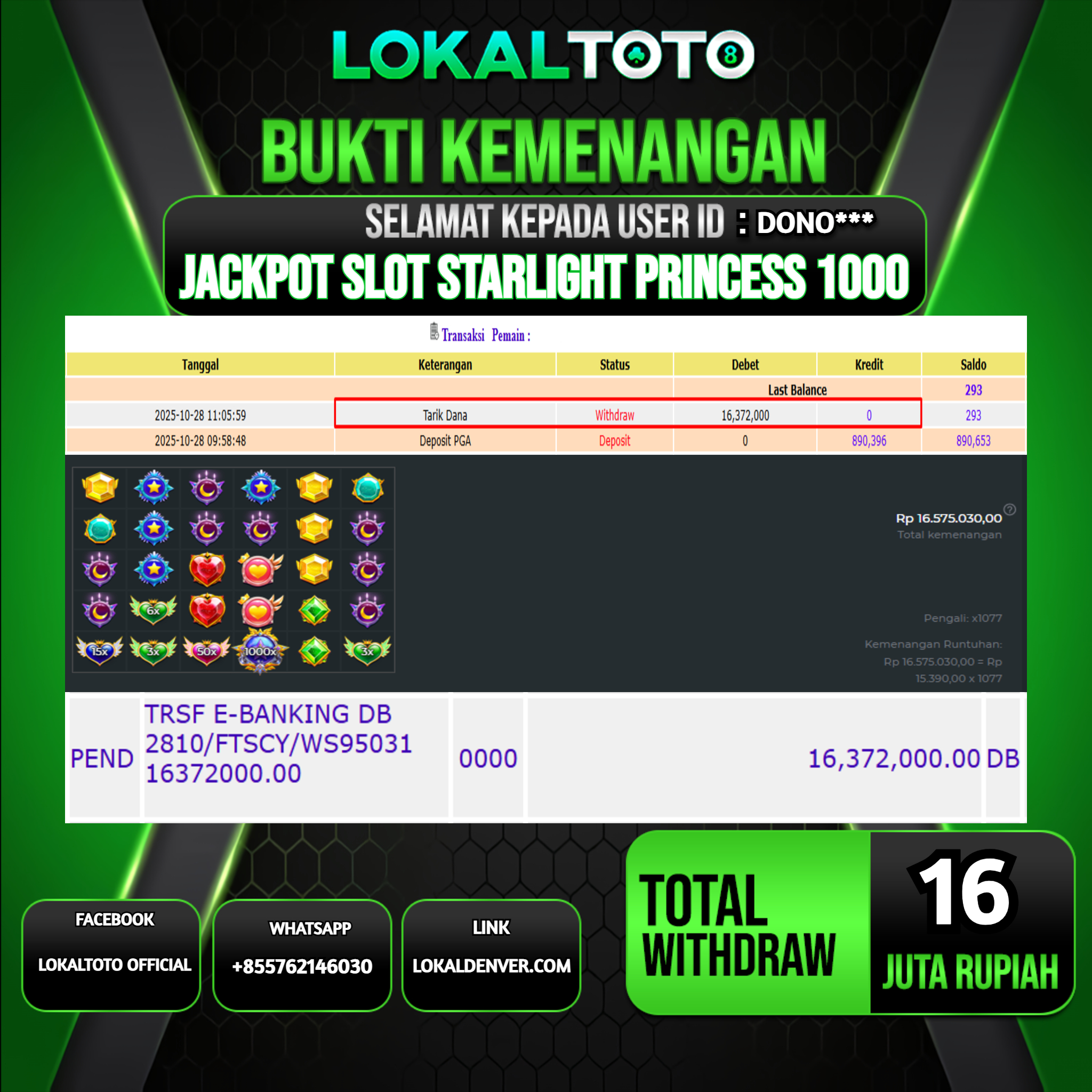 LOKALTOTO JACKPOT SLOT STARLIGHT PRINCESS 1000 RP.16.000.000.,- LUNAS USER ID  : DONO***