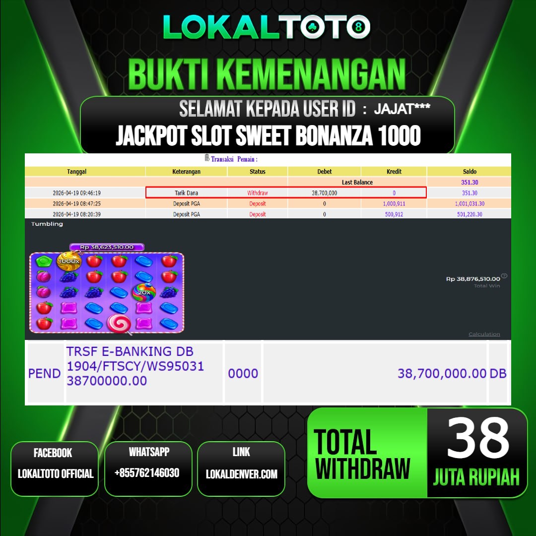 LOKALTOTO JACKPOT SLOT SWEET BONANZA 1000 RP.38.000.000.,- LUNAS USER ID  : JAJAT***