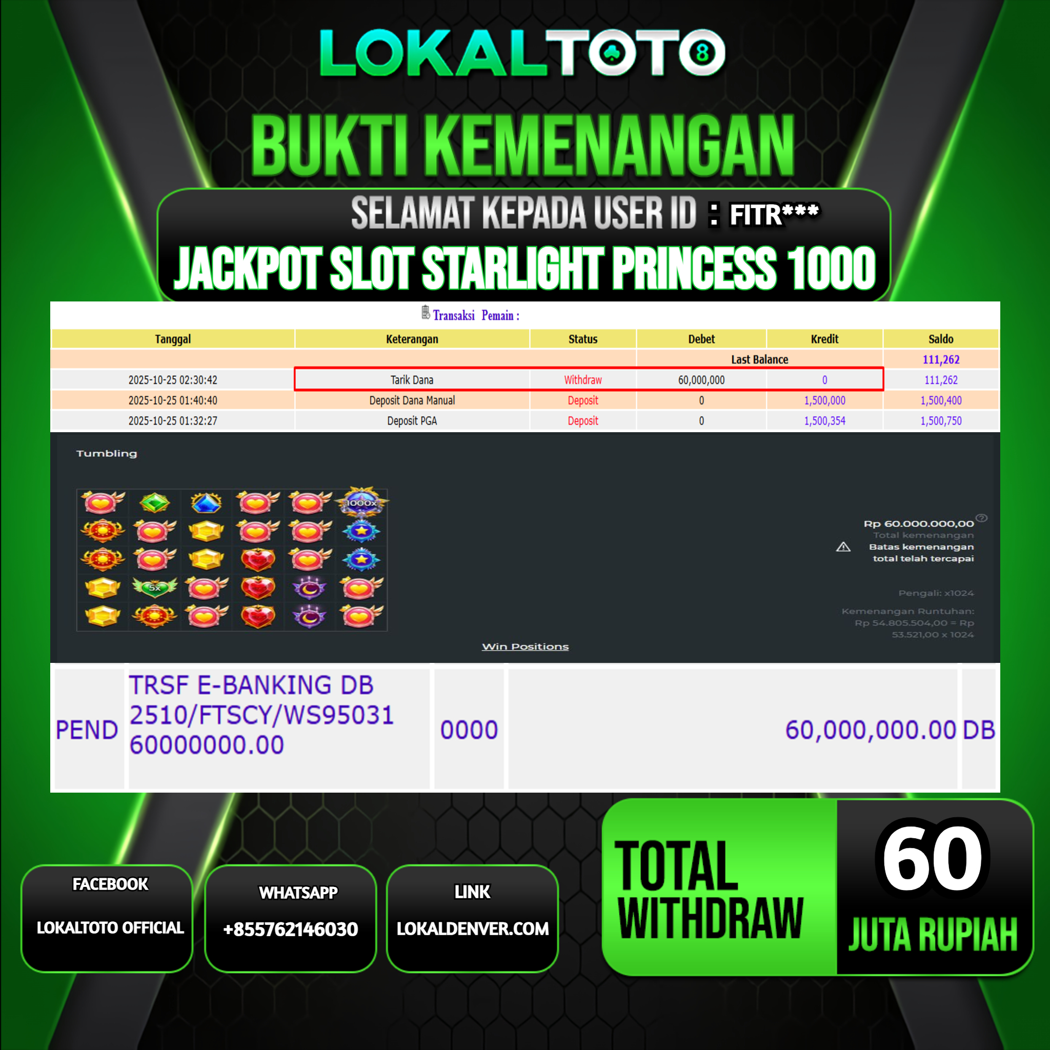 LOKALTOTO JACKPOT SLOT STARLIGHT PRINCESS 1000 RP.60.000.000.,- LUNAS USER ID  :  FITR***