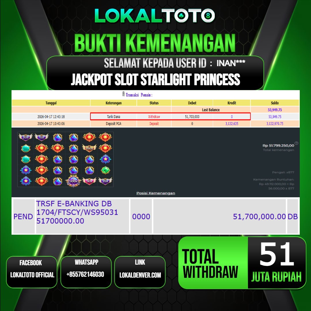 LOKALTOTO JACKPOT SLOT STARLIGHT PRINCESS RP.51.000.000.,- LUNAS USER ID  : INAN***