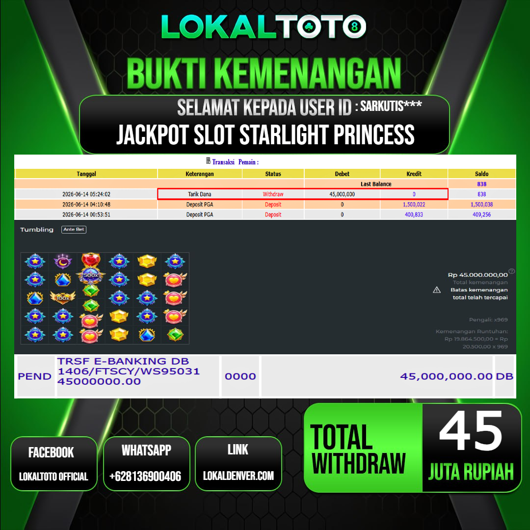 LOKALTOTO  JACKPOT SLOT STARLIGHT PRINCESS RP.45.000.000.,- LUNAS USER ID  : SARKUTIS***