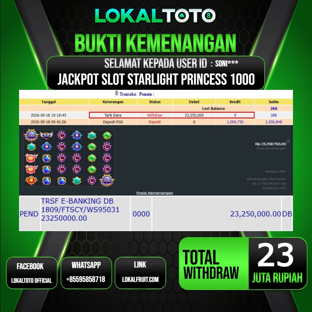 LOKALTOTO JACKPOT SLOT STARLIGHT PRINCESS 1000 RP.23.000.000.,- LUNAS USER ID : SONI***