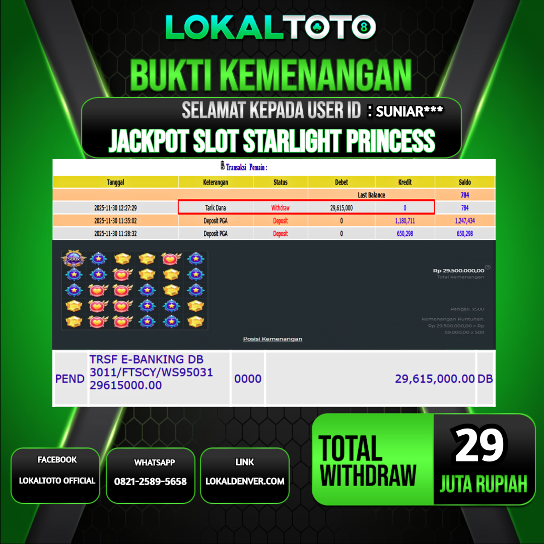 LOKALTOTO JACKPOT SLOT STARLIGHT PRINCESS RP.29.000.000.,- LUNAS USER ID  :  SUNIAR***