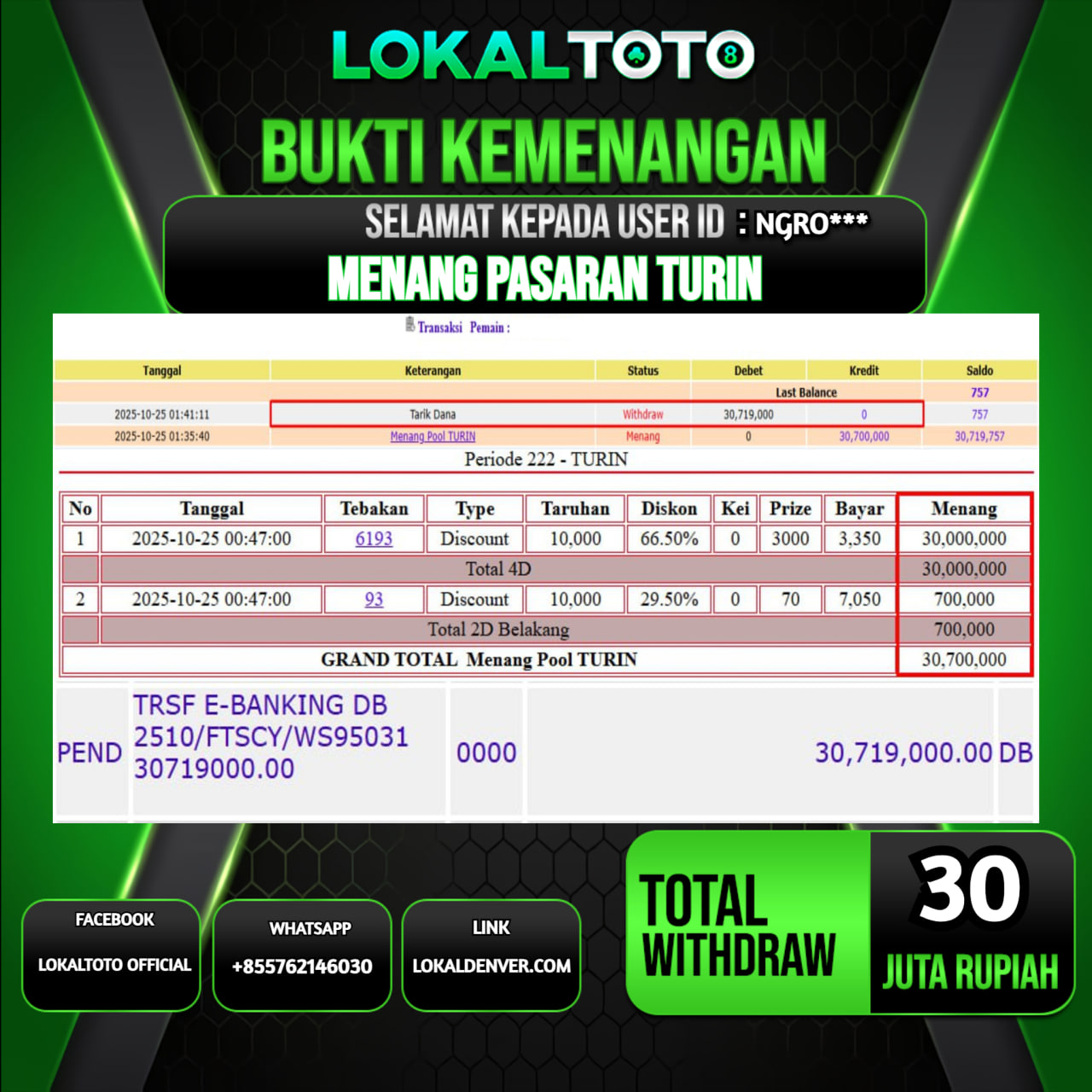 LOKALTOTO JACKPOT PASARAN TURIN RP.30.000.000.,- LUNAS USER ID  : NGRO***