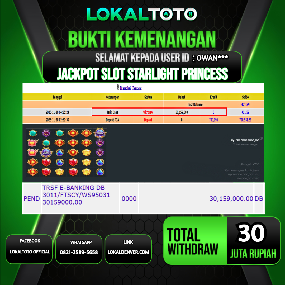 LOKALTOTO JACKPOT SLOT STARLIGHT PRINCESS RP.30.000.000.,- LUNAS USER ID  :  OWAN***