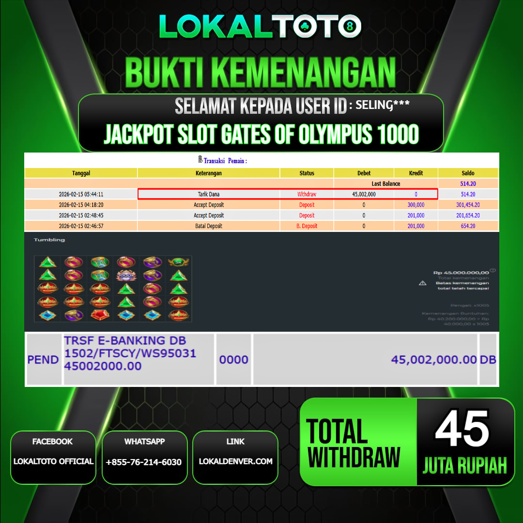 LOKALTOTO JACKPOT SLOT GATES OF OLYMPUS 1000 RP.45.000.000.,- LUNAS USER ID  : SELING***