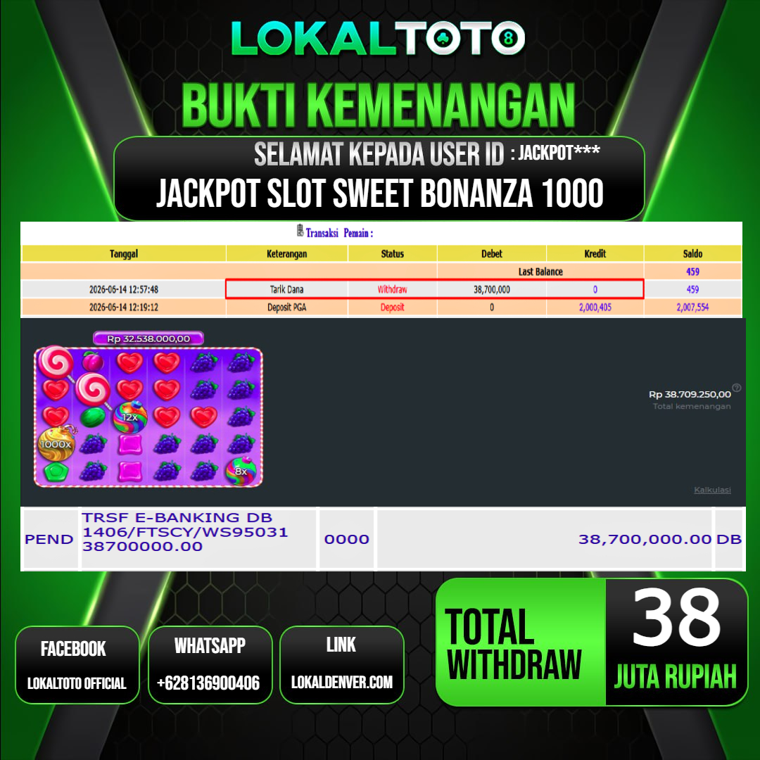LOKALTOTO  JACKPOT SLOT SWEET BONANZA 1000 RP.38.000.000.,- LUNAS USER ID  : JACKPOT***