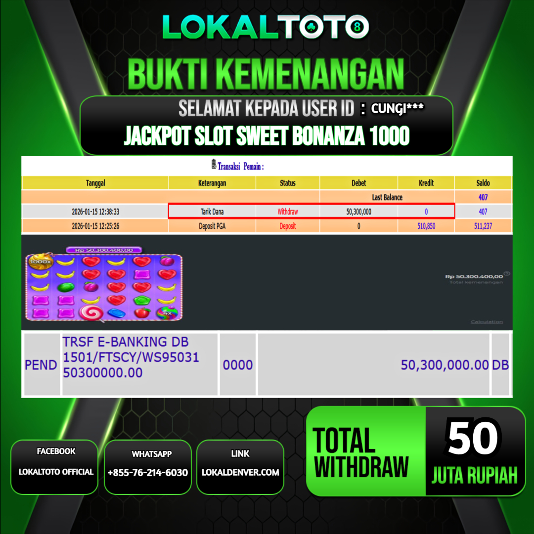 LOKALTOTO JACKPOT SLOT SWEET BONANZA 1000 RP.50.000.000.,- LUNAS USER ID  : CUNGI***