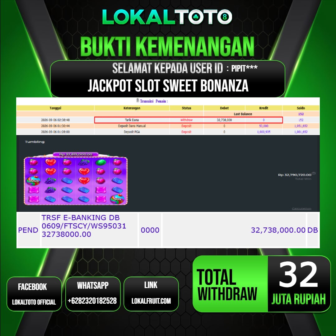 LOKALTOTO JACKPOT SLOT SWEET BONANZA RP.32.000.000.,- LUNAS USER ID : PIPIT***