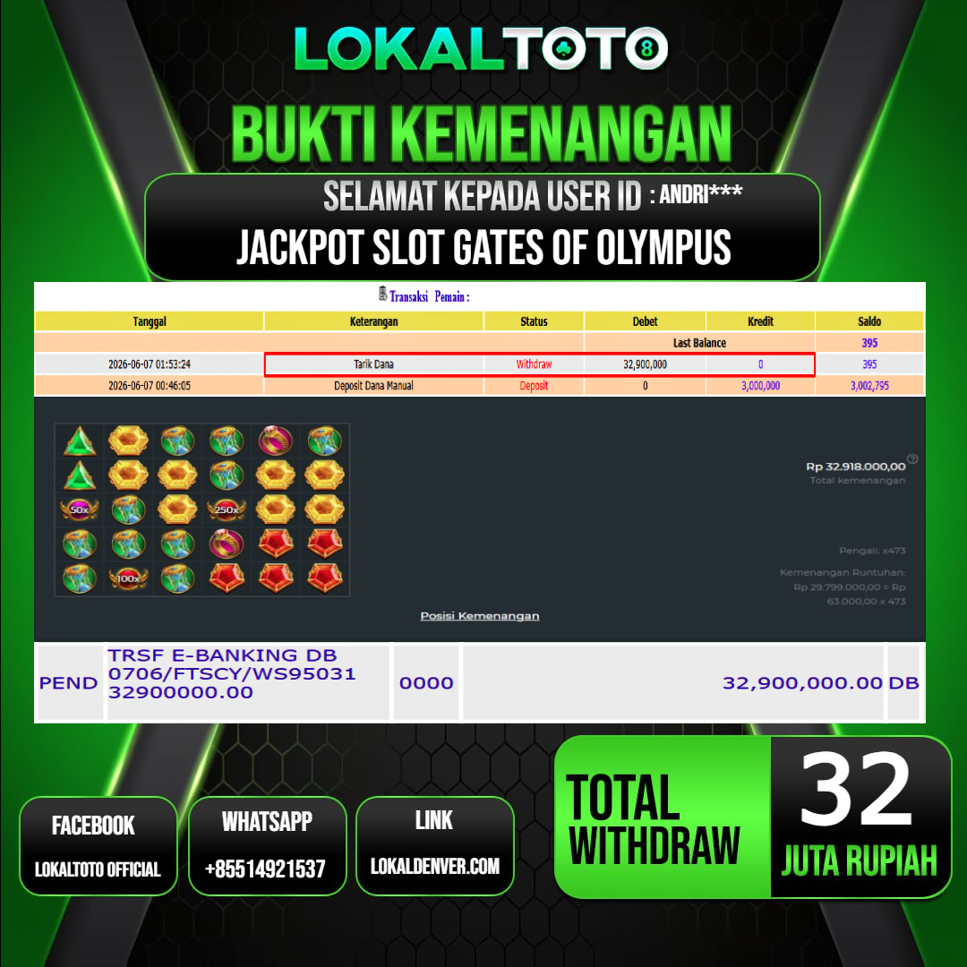 LOKALTOTO  JACKPOT SLOT GATES OF OLYMPUS RP.32.000.000.,- LUNAS USER ID  : ANDRI***