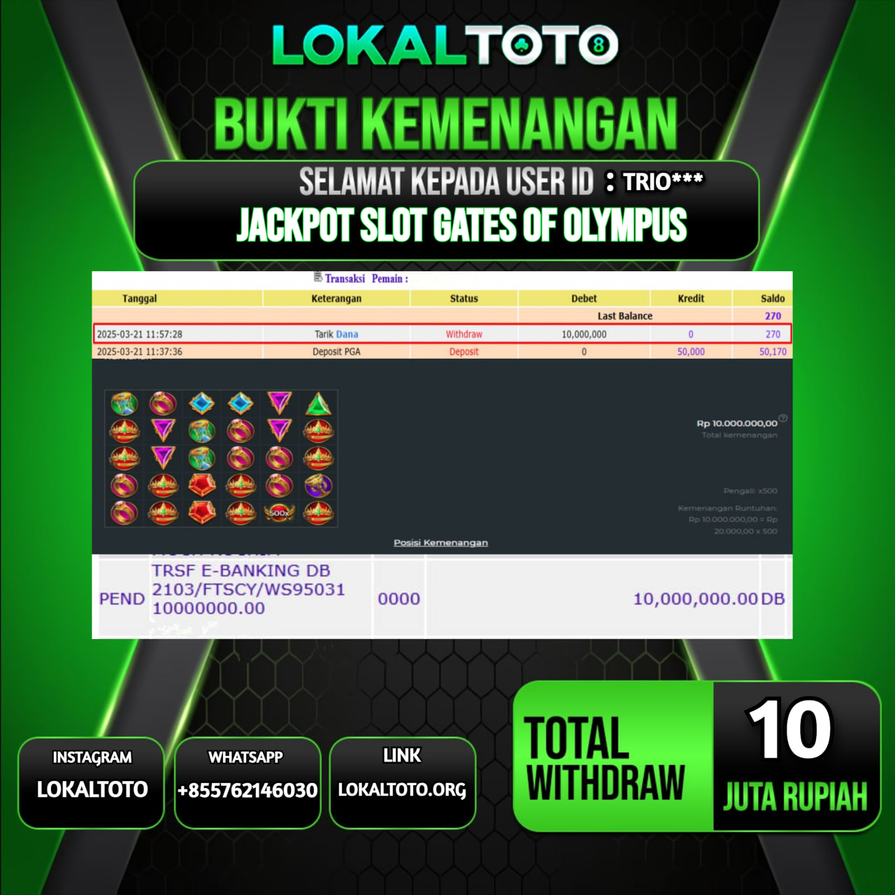 LOKALTOTO JACKPOT SLOT GATES OF OLYMPUS RP.10.000.000.,- LUNAS USER ID : MERP***