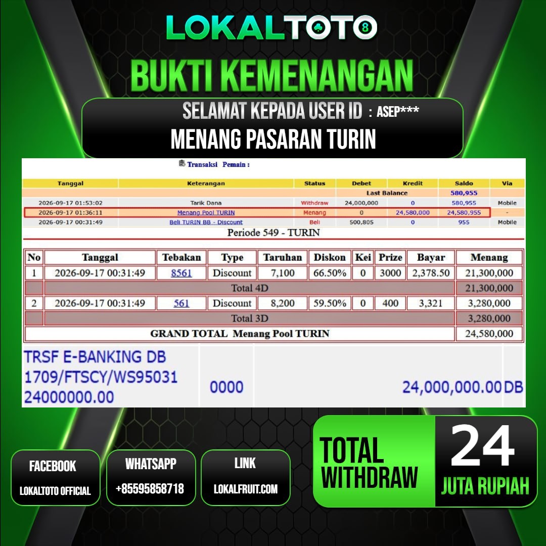 LOKALTOTO JACKPOT PASARAN TURIN RP.24.000.000.,- LUNAS USER ID : ASEP***
