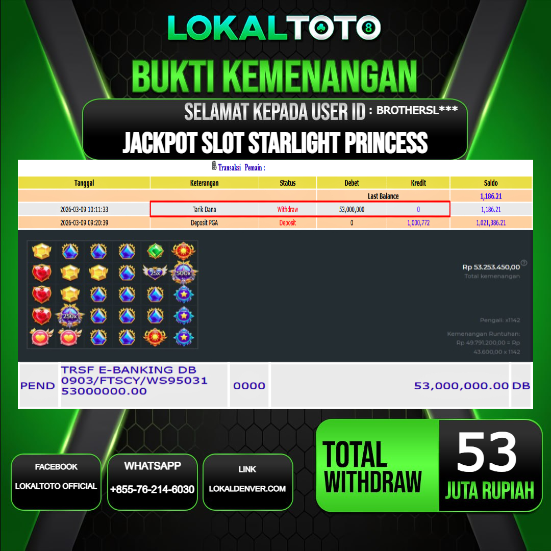 LOKALTOTO JACKPOT SLOT STARLIGHT PRINCESS RP.53.000.000.,- LUNAS USER ID  : BROTHERSL***