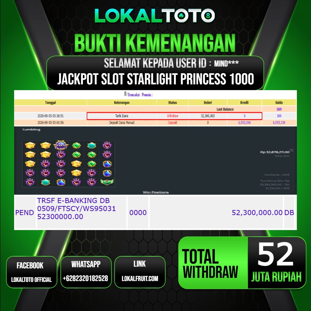 LOKALTOTO JACKPOT SLOT STARLIGHT PRINCESS 1000 RP.52.000.000.,- LUNAS USER ID : MIND***