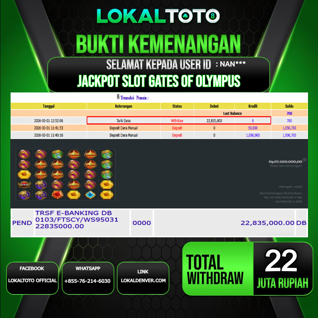 LOKALTOTO JACKPOT SLOT GATES OF OLYMPUS RP.22.000.000.,- LUNAS USER ID  : NAN***