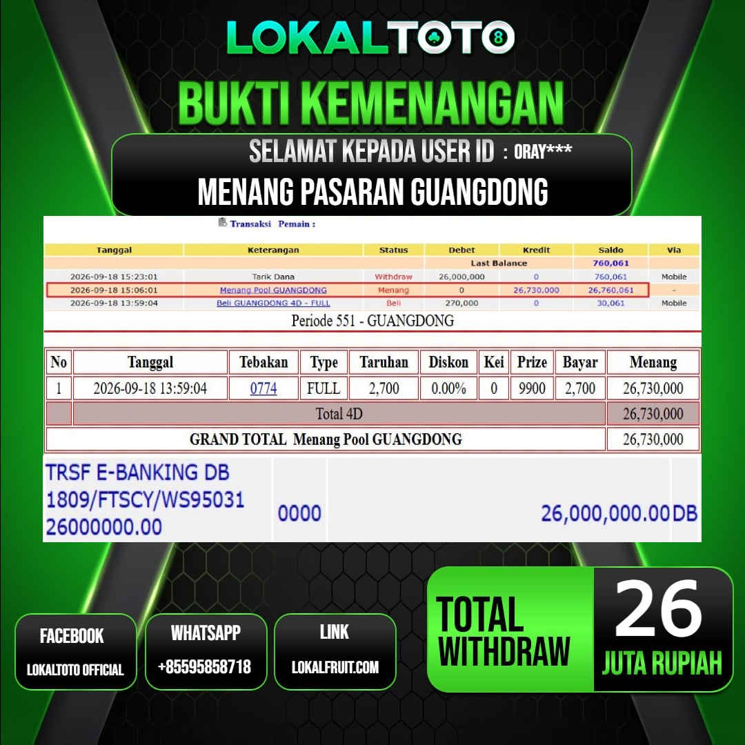 LOKALTOTO JACKPOT PASARAN GUANGDONG RP.26.000.000.,- LUNAS USER ID : ORAY***