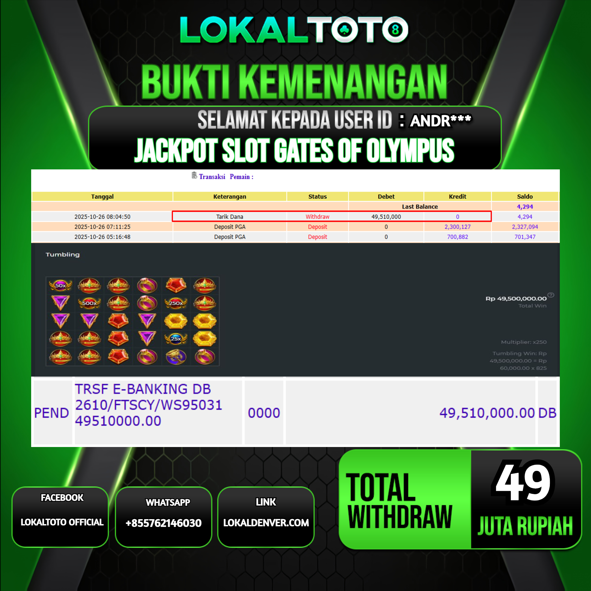 LOKALTOTO JACKPOT SLOT GATES OF OLYMPUS RP.49.000.000.,- LUNAS USER ID  : ANDR***