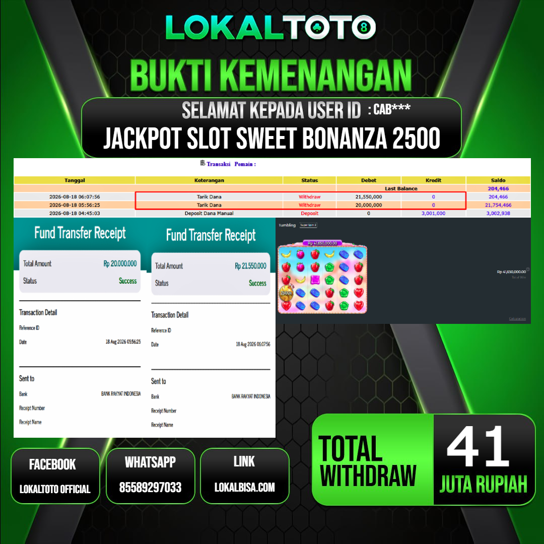 LOKALTOTO JACKPOT SLOT SWEET BONANZA 2500 RP.41.000.000.,- LUNAS USER ID :  CAB***