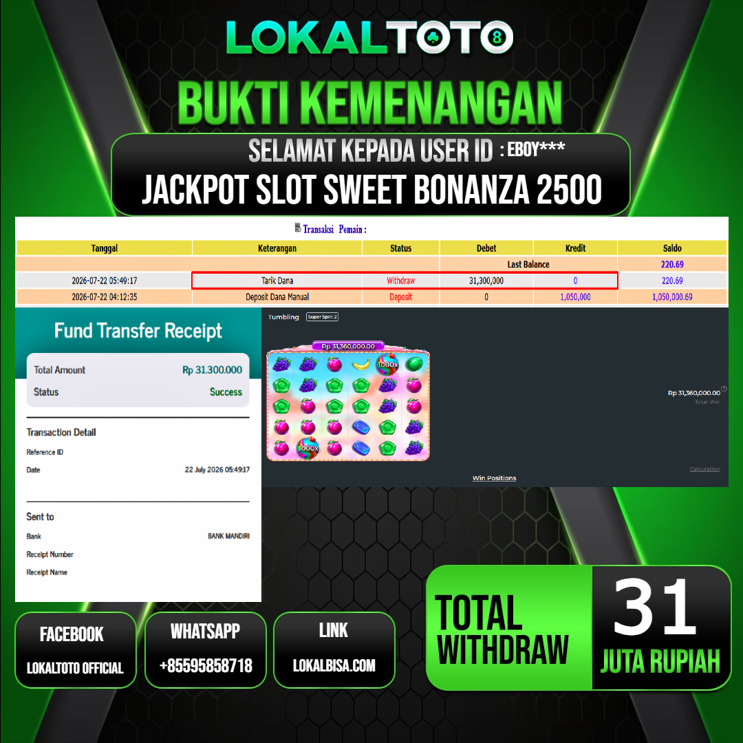 LOKALTOTO JACKPOT SLOT SWEET BONANZA 2500 RP.31.000.000.,- LUNAS USER ID : EBOY***