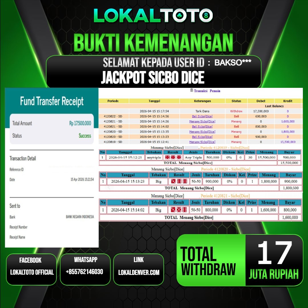 LOKALTOTO JACKPOT SICBO DICE RP.17.000.000.,- LUNAS USER ID  : BAKSO***