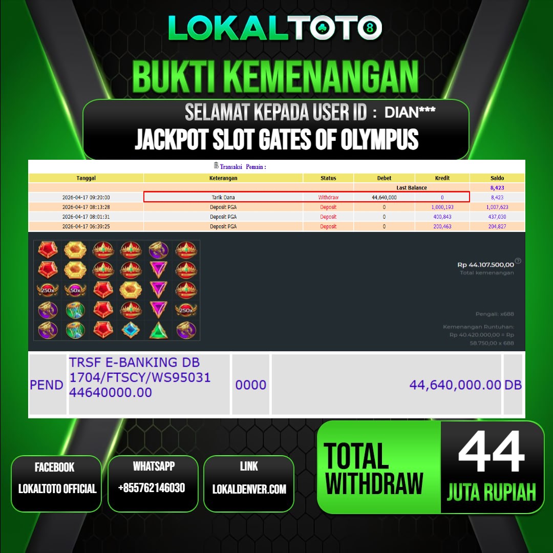 LOKALTOTO JACKPOT SLOT GATES OF OLYMPUS RP.44.000.000.,- LUNAS USER ID  : DIAN***