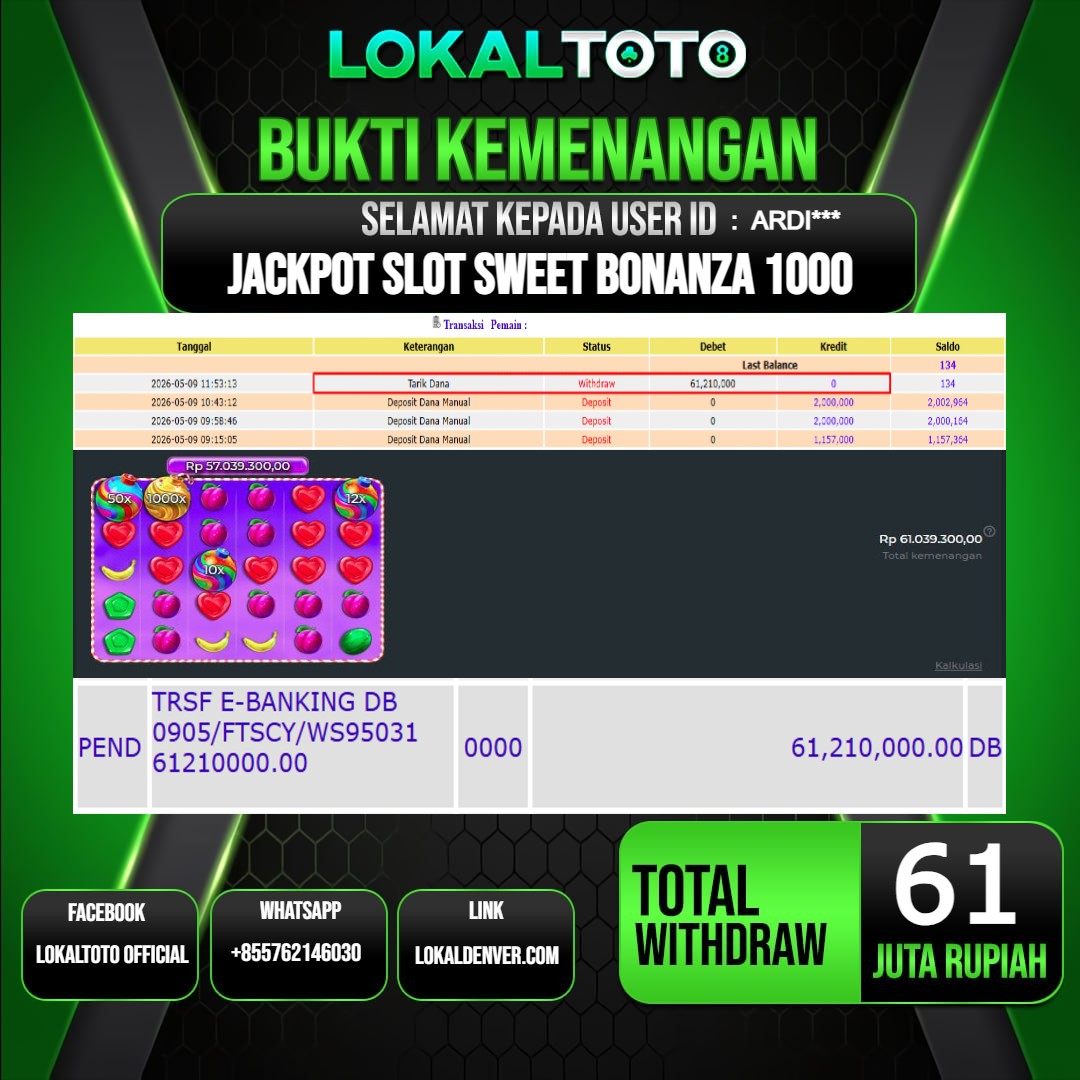 LOKALTOTO JACKPOT SLOT SWEET BONANZA 1000 RP.61.000.000.,- LUNAS USER ID  : ARDI***