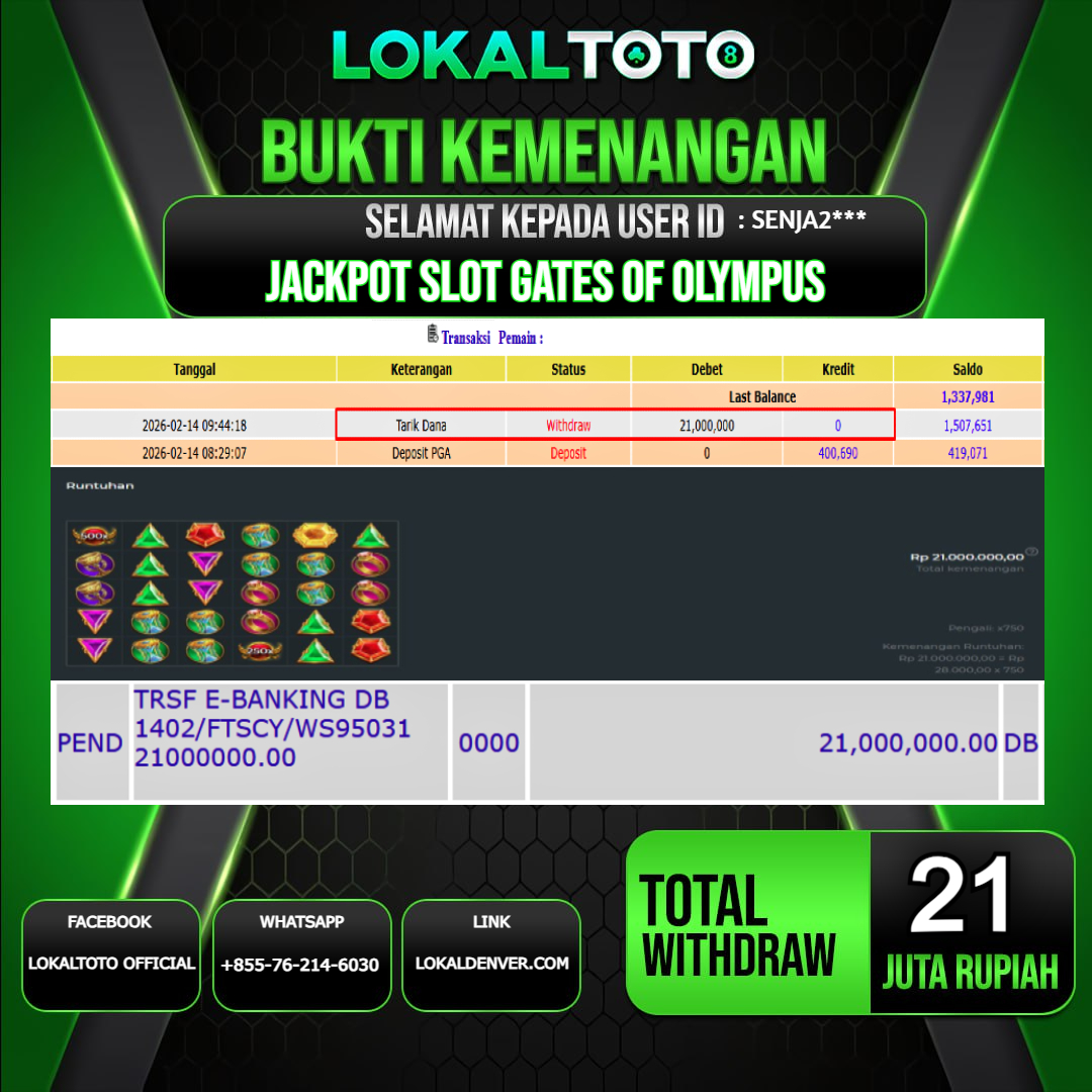 LOKALTOTO JACKPOT SLOT GATES OF OLYMPUS RP.21.000.000.,- LUNAS USER ID  : SENJA2***