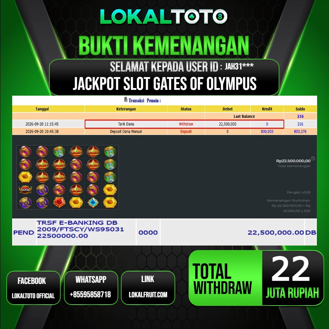 LOKALTOTO JACKPOT SLOT GATES OF OLYMPUS RP.22.000.000.,- LUNAS USER ID : JAH31***