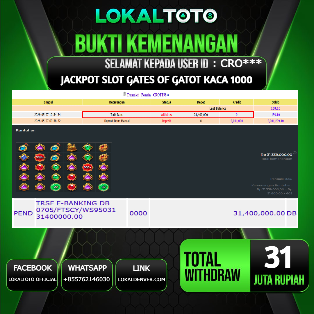 LOKALTOTO JACKPOT SLOT GATES OF GATOT KACA 1000 RP.31.000.000.,- LUNAS USER ID  : CRO***