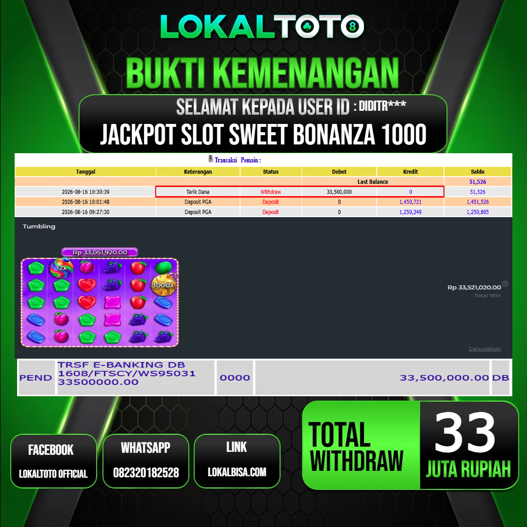 LOKALTOTO JACKPOT SLOT SWEET BONANZA 1000 RP.33.000.000.,- LUNAS USER ID : DIDITR***