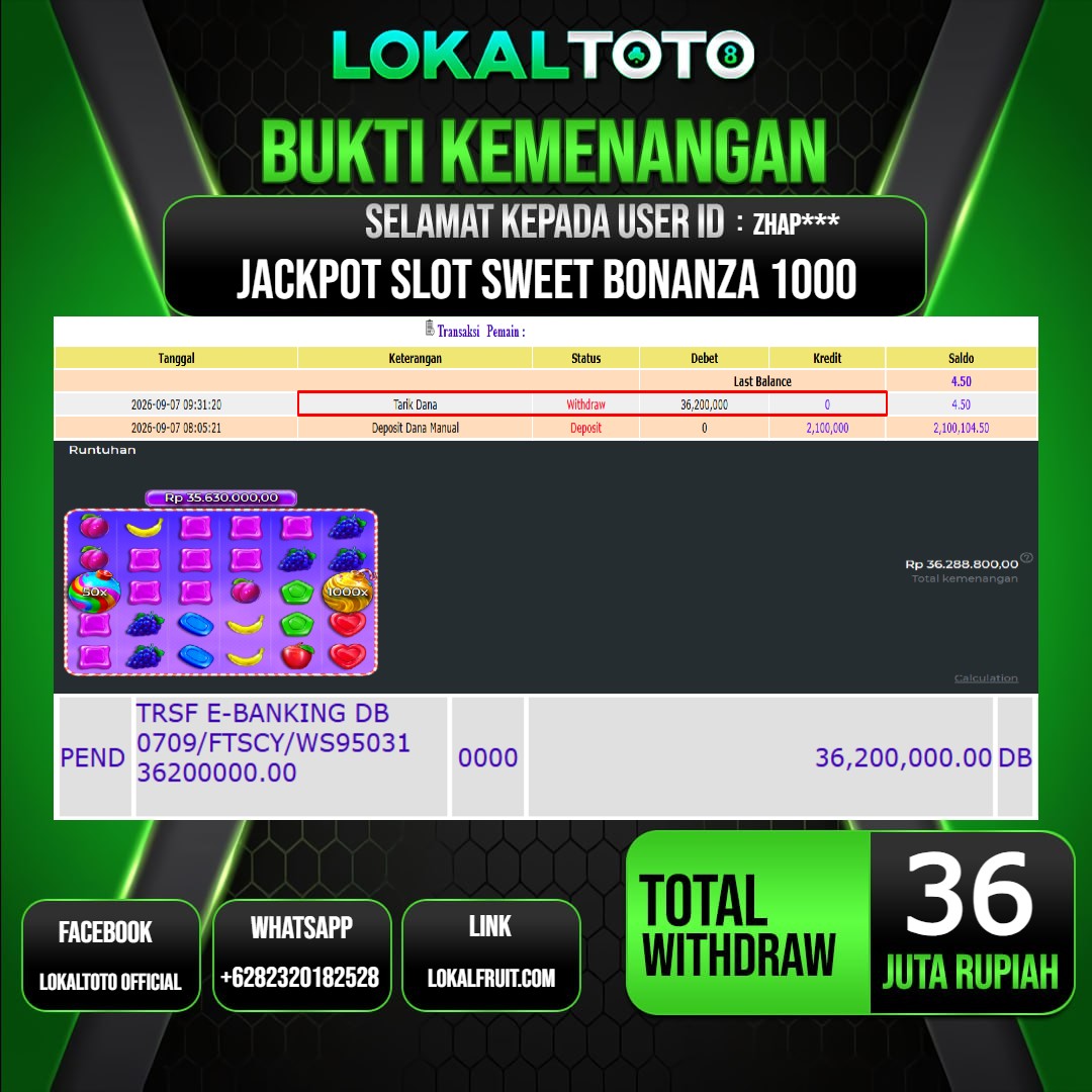 LOKALTOTO JACKPOT SLOT SWEET BONANZA 1000 RP.36.000.000.,- LUNAS USER ID : ZHAP***